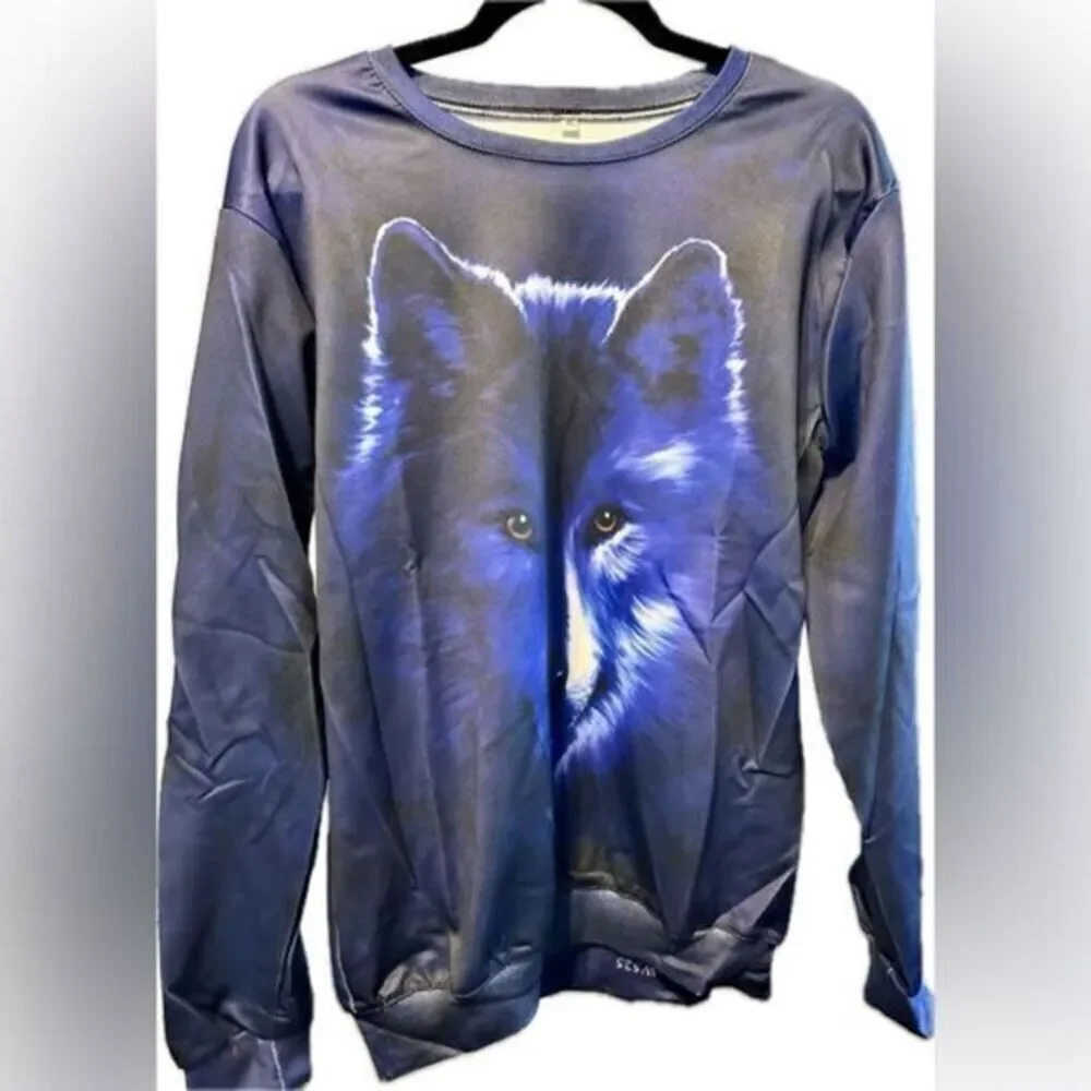 NWT Unisex Blue Graphic Fox Face Sweatshirt- Size 3XL